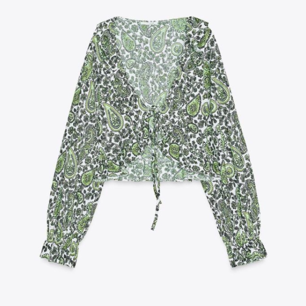 ZARA Ruffle V-Neck Top - Large - Greens